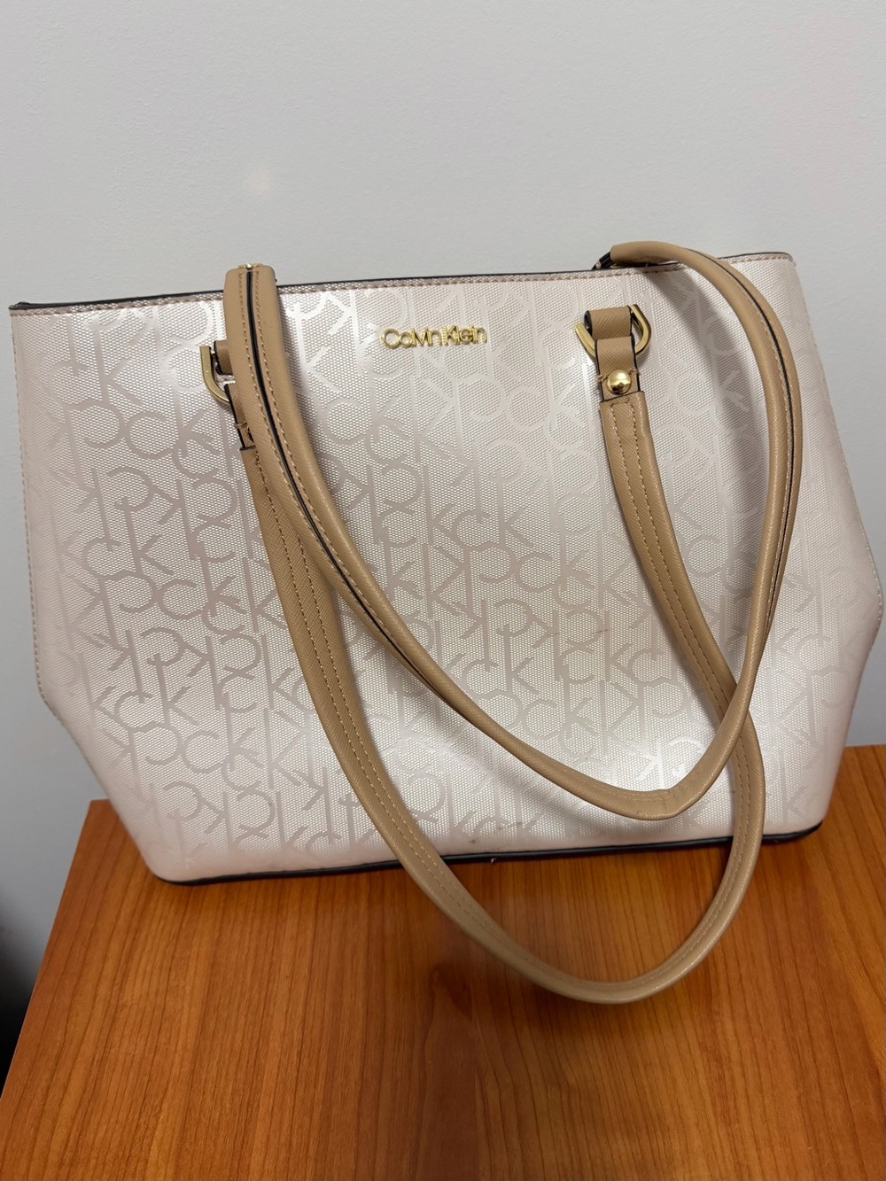 Calvin Klein Cream and Tan Logo Tote
